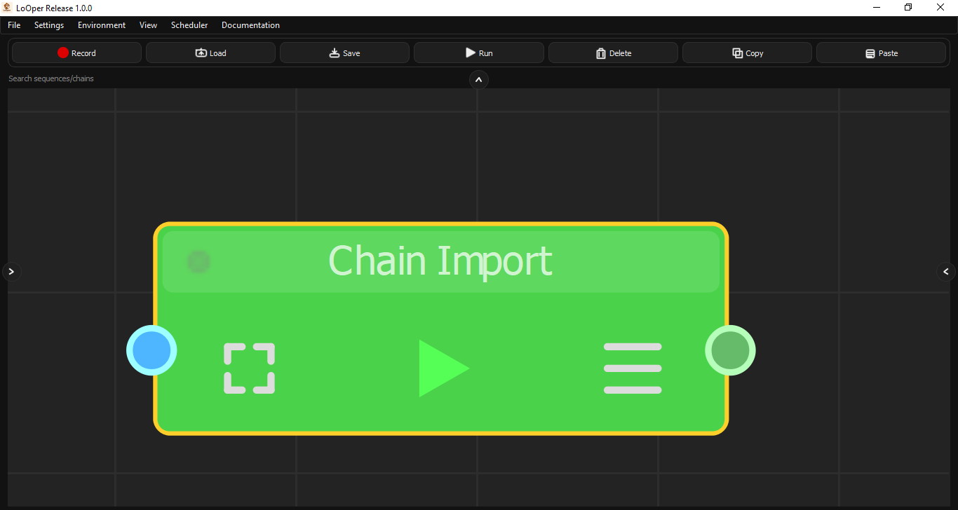 LoOper Chain Import Node in green with yellow border showing input port, output port, import icon, play button, and menu icon