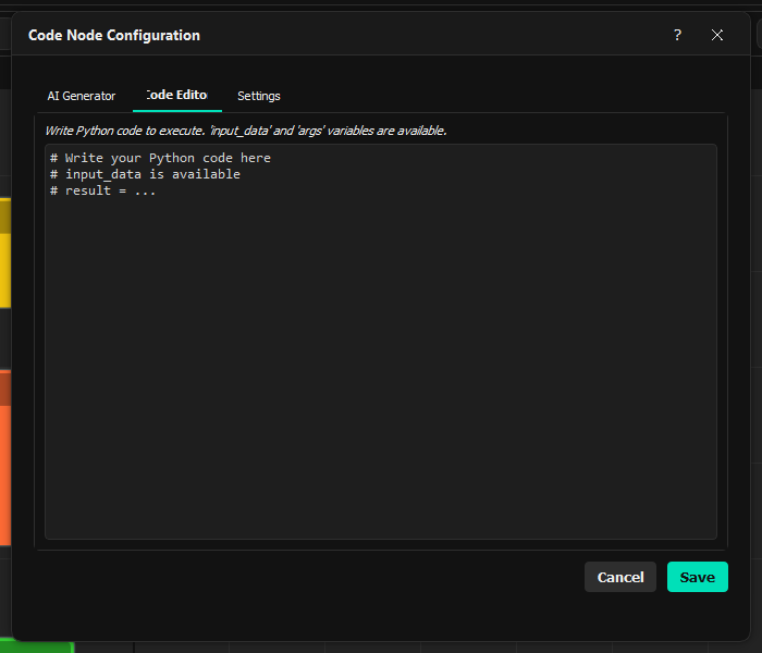 Code Node Configuration dialog showing AI Generator, Code Editor, and Settings tabs with Python code editor