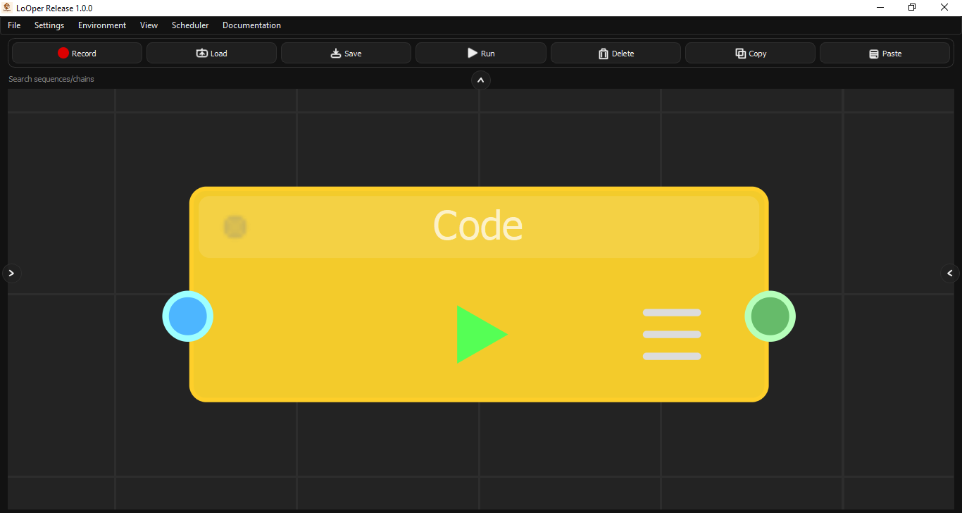 LoOper Code Node in yellow showing input port, output port, play button, and menu icon on a dark grid canvas