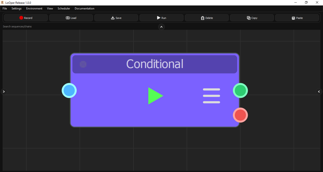 LoOper Conditional Node in purple showing input port, True output (green), False output (red), play button, and menu icon