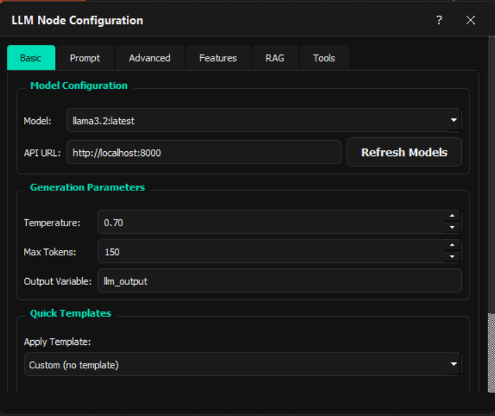 LLM Node Configuration dialog showing Basic tab with Model selection, API URL, Temperature, Max Tokens, Output Variable, and Quick Templates sections