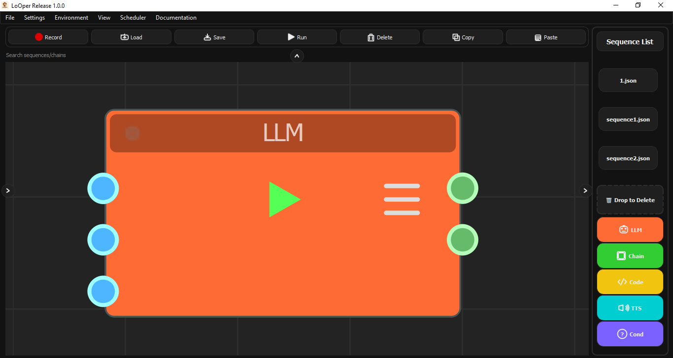 LoOper LLM Node in orange showing multiple input ports, output ports, play button, and menu icon with the node palette visible on the right
