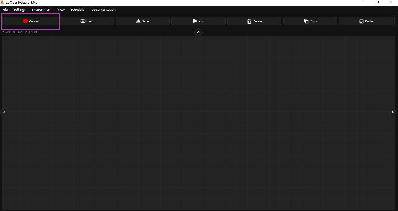 LoOper toolbar showing the Record button highlighted in purple, along with Load, Save, Run, Delete, Copy, and Paste buttons