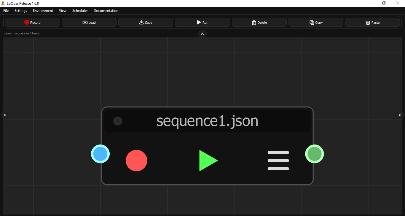LoOper Sequence Node showing sequence1.json with input/output ports, record button, play button, and menu icon on a dark grid canvas