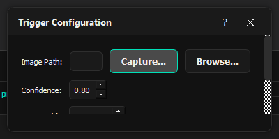 LoOper Trigger Configuration dialog showing Image Path field, Capture button, Browse button, and Confidence slider set to 0.80
