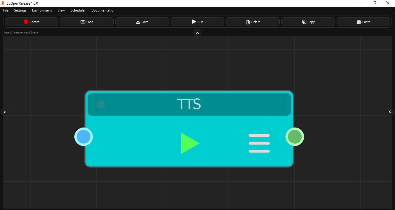 LoOper TTS Node in cyan showing input port, output port, play button, and menu icon on a dark grid canvas